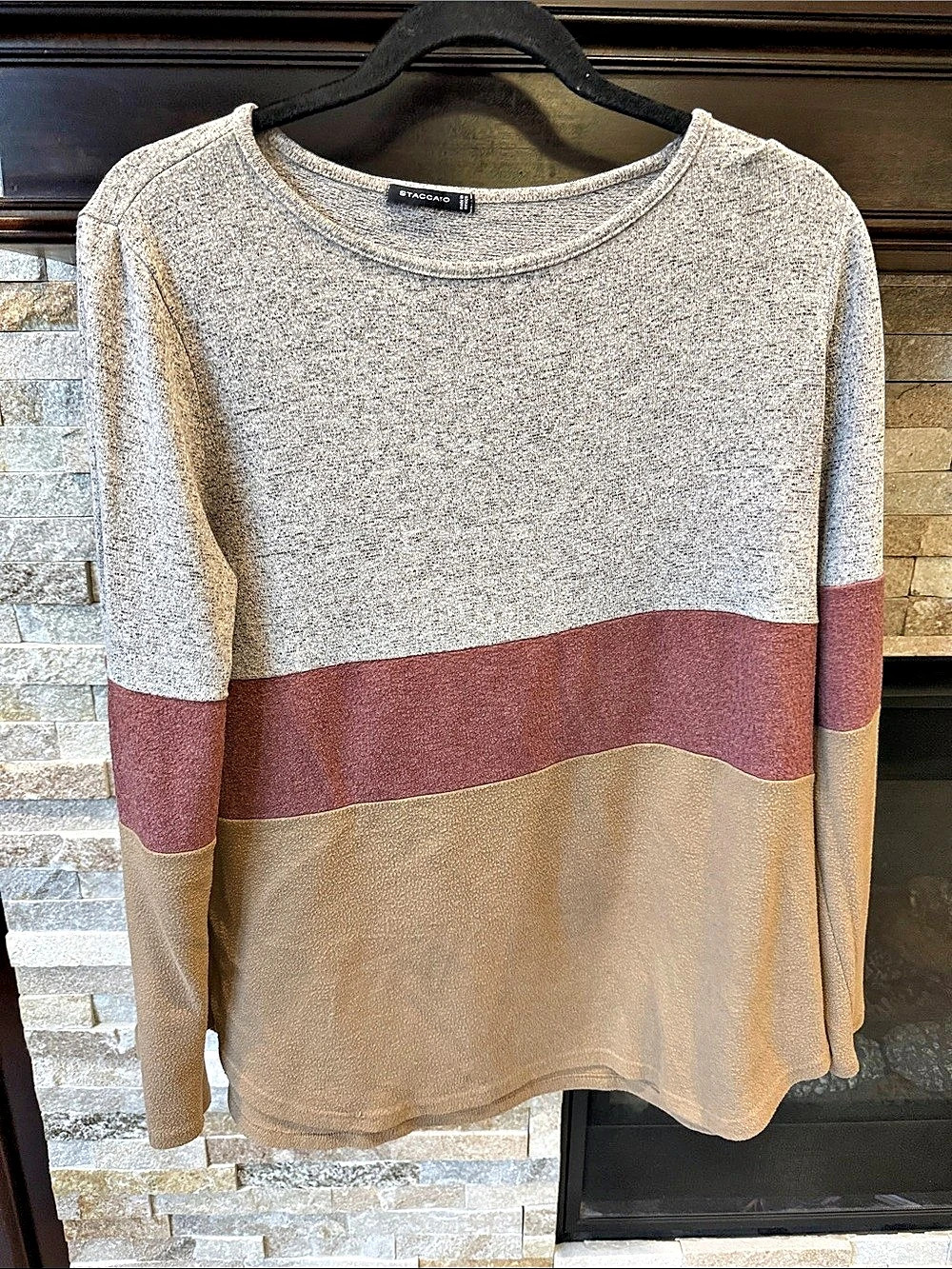 STACCATO Color Block Long Sleeve Top in Gray & Brown L